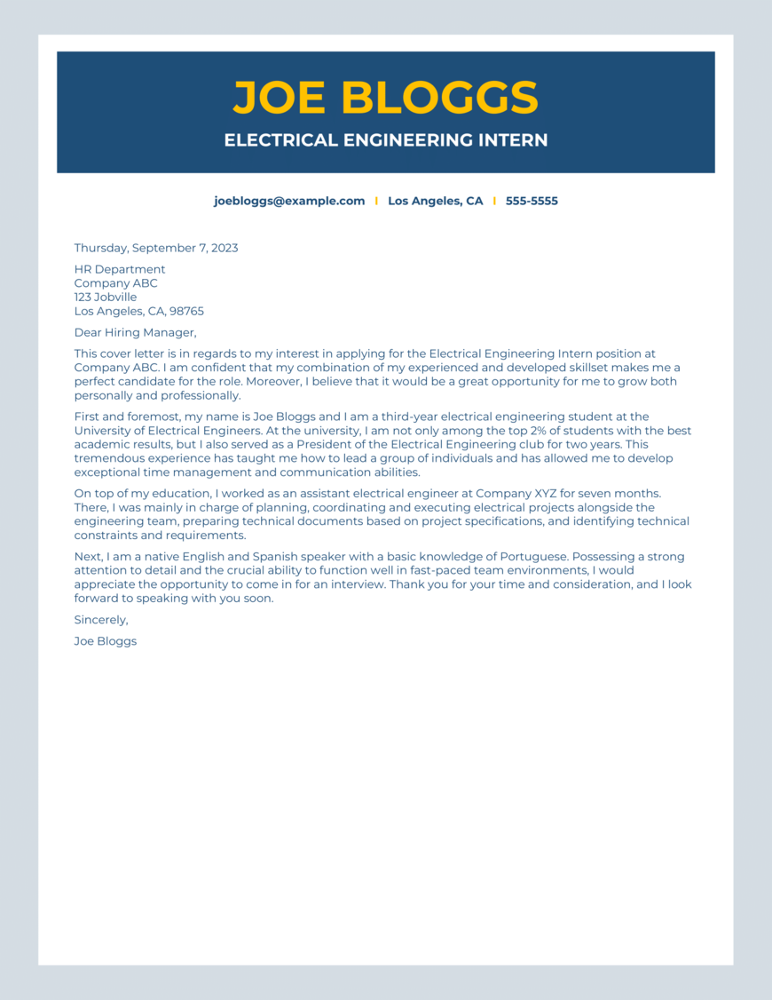 electrical engineering internship cover letter