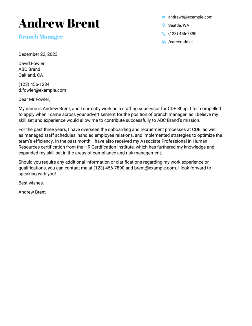 Middle Management Cover Letter Example