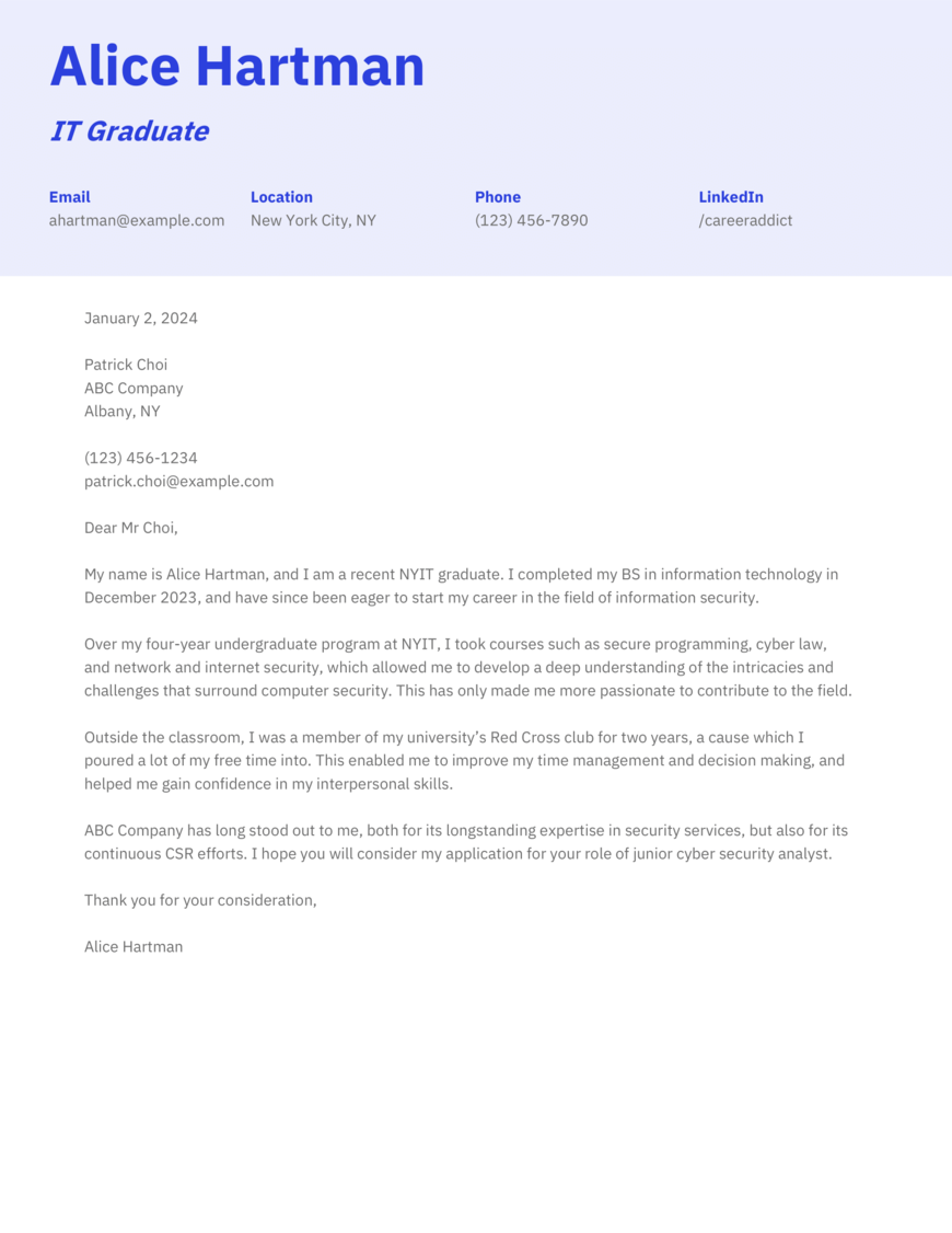 Graduate Cover Letter Example