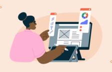 A woman researching common graphic design questions and how to answer them