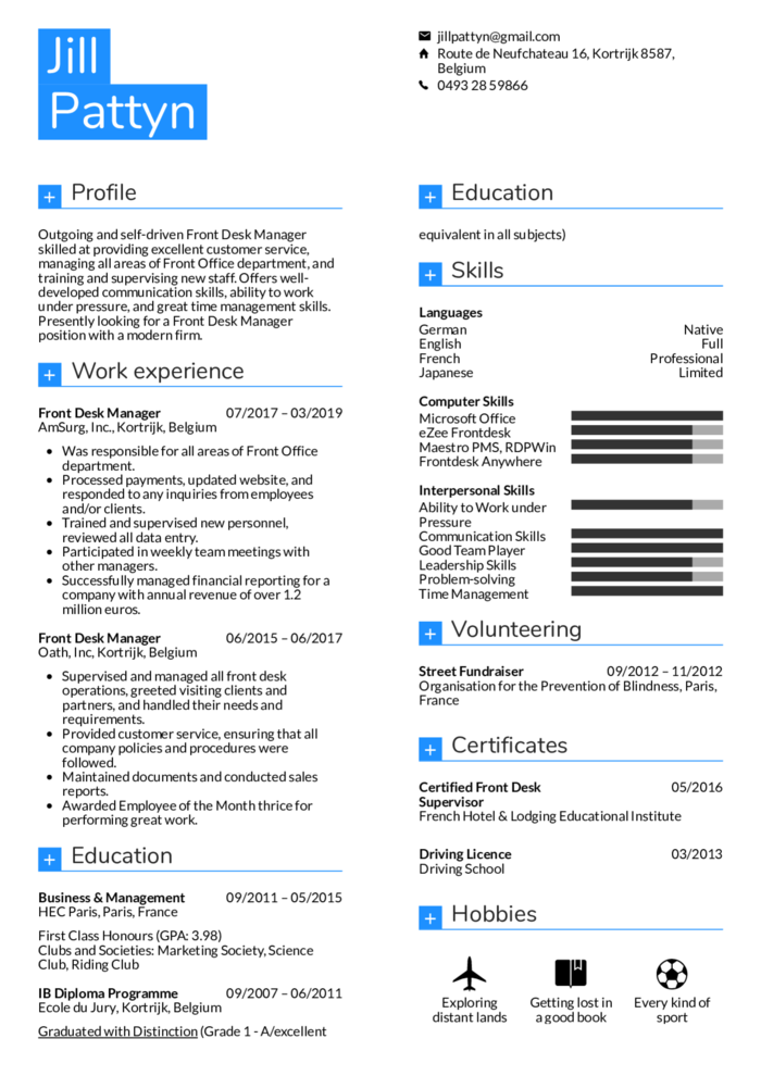 Front desk manager résumé example
