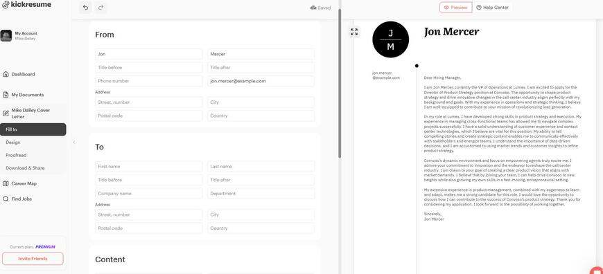 kickresume cover letter builder
